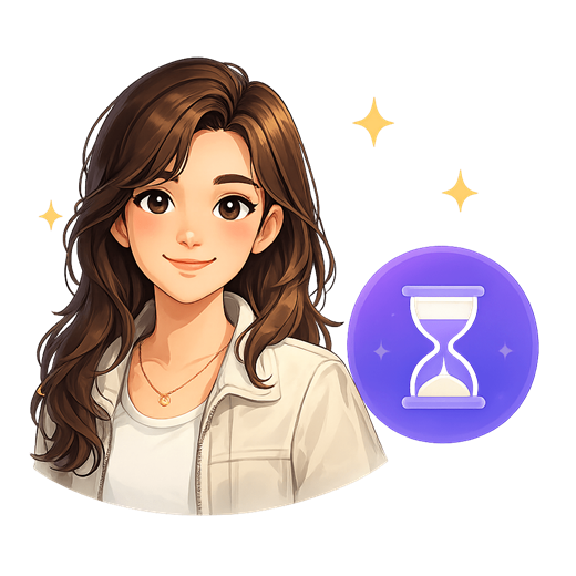 Illustration for 25 Years From Now: a grown-up portrait next to an hourglass