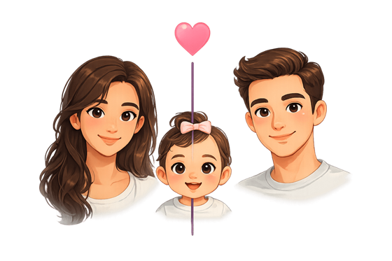 Illustration for Who Do They Look Like: a baby between two parents with a heart above