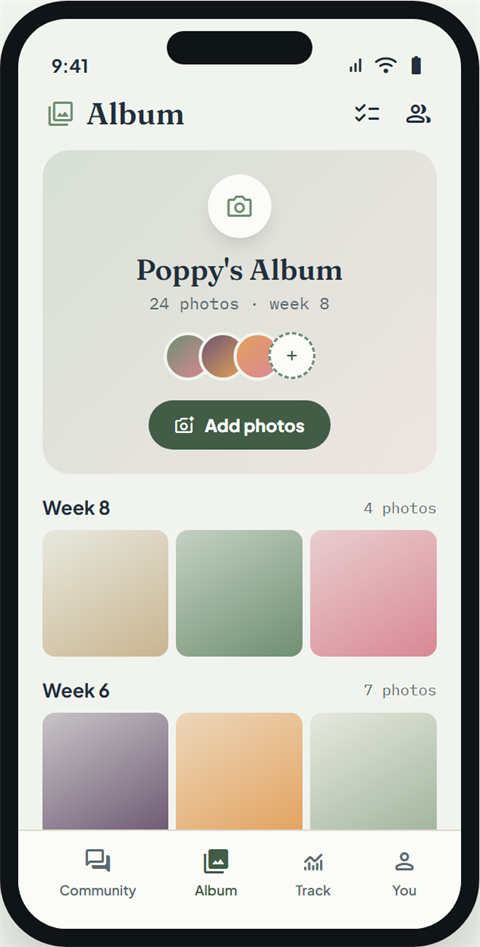 The Album screen: Poppy's album with photos grouped by week