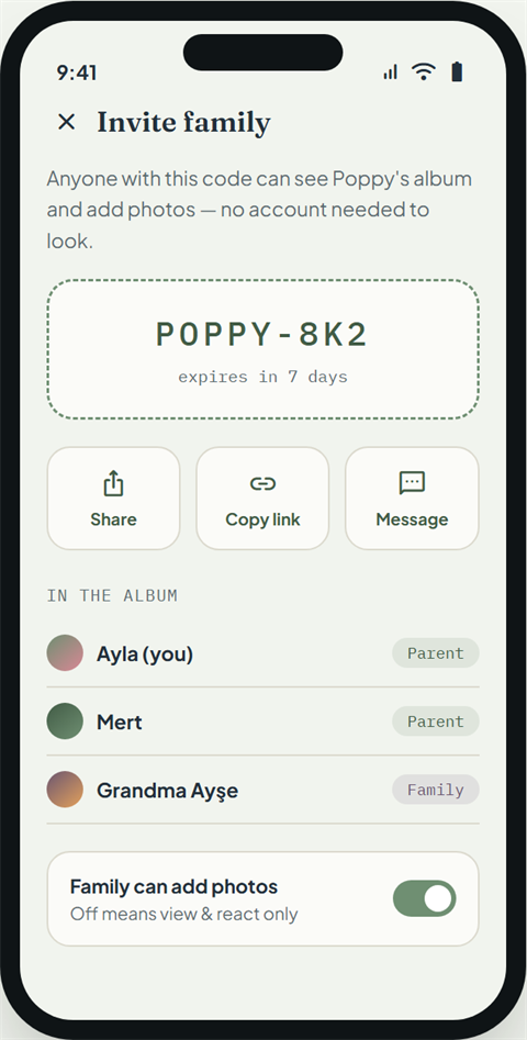 The invite screen: a short family code with share options, and the list of family members