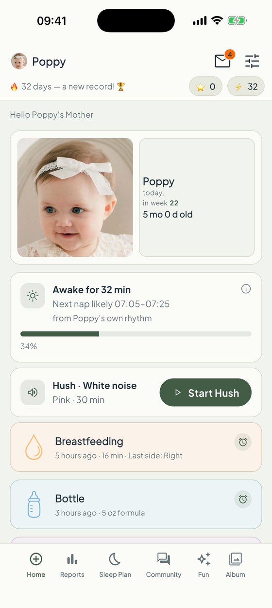 The Hushling home screen: Poppy's card, the awake timer with the next nap predicted for 07:05–07:25, the Hush white-noise button and the breastfeeding and bottle cards