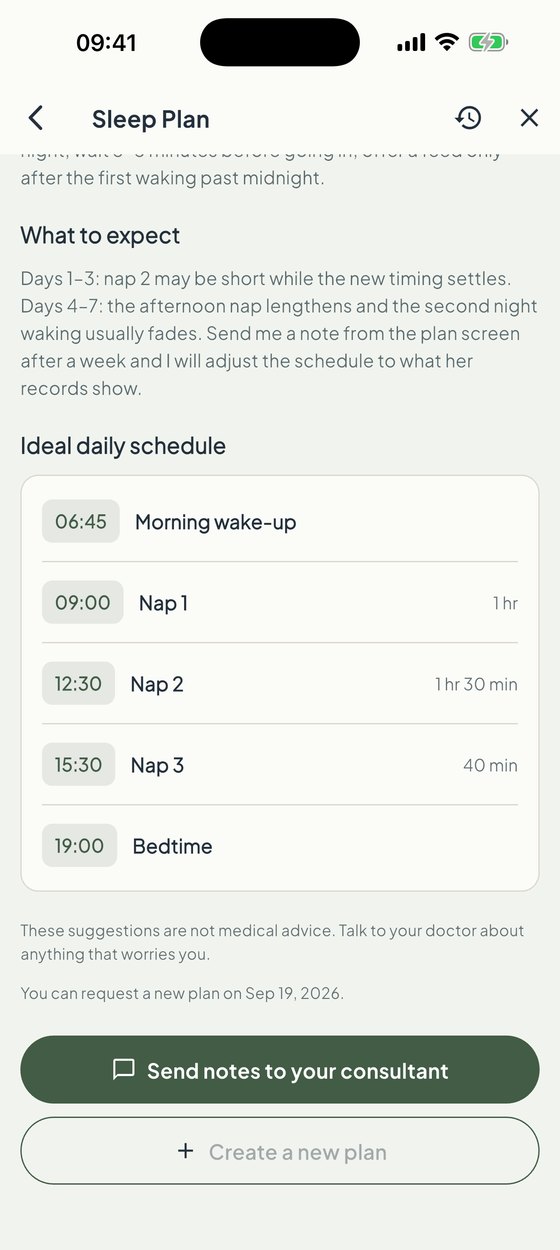 A delivered Sleep Plan: what to expect, then the ideal daily schedule — morning wake-up 06:45, three naps and bedtime at 19:00